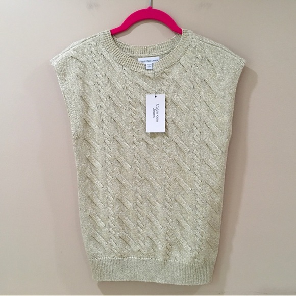 NWT Calvin Klein Jeans Beige Gold sparkle Sweater Vest top Size Xs - Picture 1 of 4